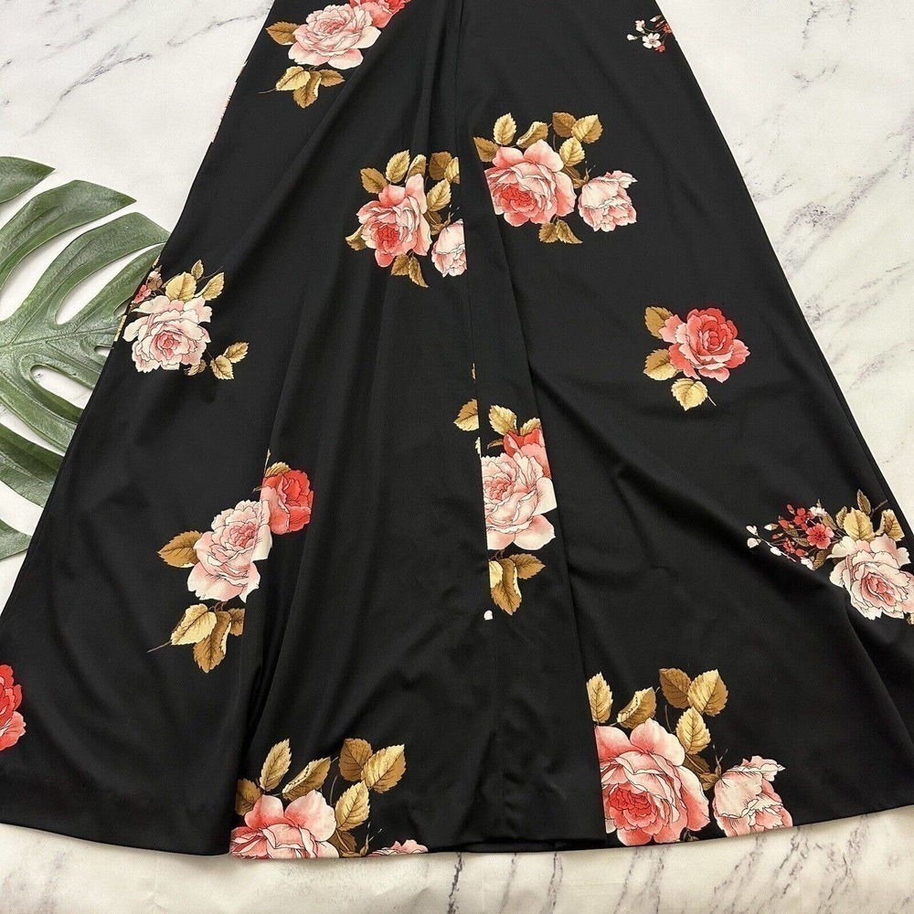 Mister Robert Womens Vintage Maxi Dress M Black Pink Rose Floral High Neck 70s - Picture 10 of 10